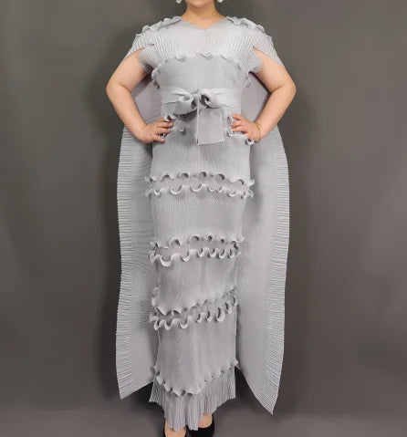 New Hot-Selling Plus-Size Dress Miyaki Formal Dress Party Socialite Cake Dress Long Dress with Belt Slimming Pleated Skirt