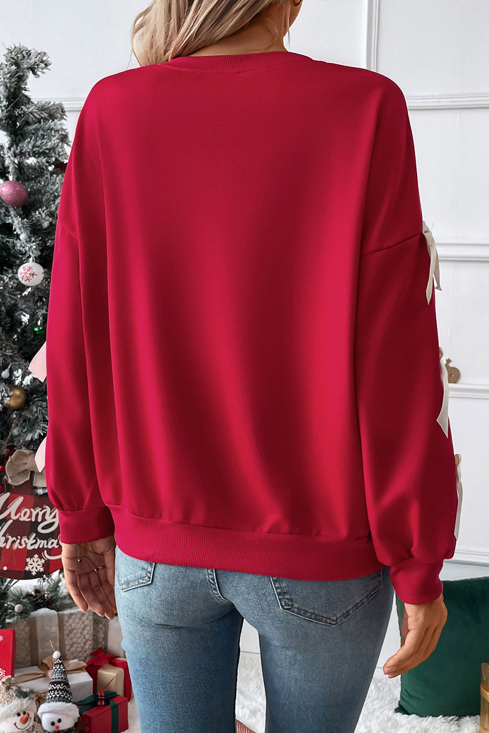 Fiery Red Sweet Bowknot Round Neck Sweatshirt