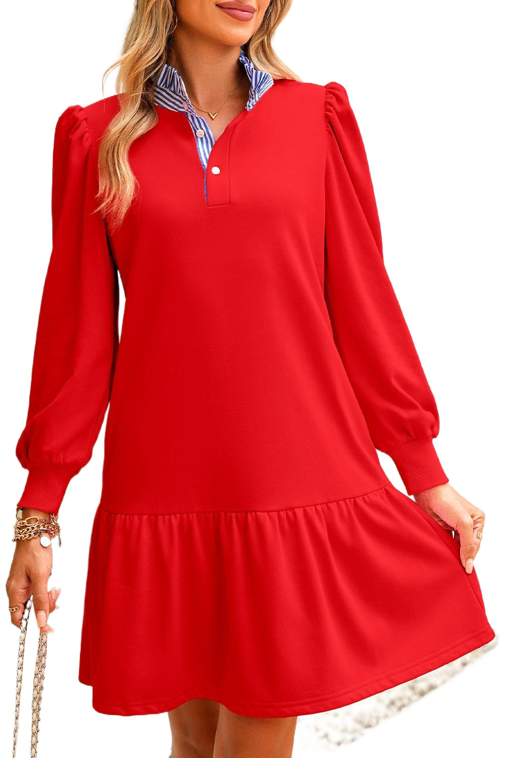 Fiery Red Striped Collar Long Sleeve Ruffle Hem Dress