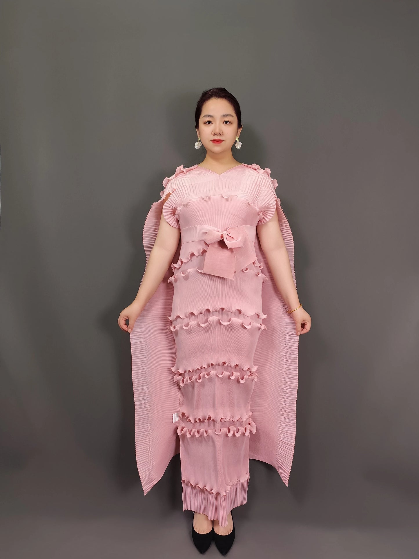 New Hot-Selling Plus-Size Dress Miyaki Formal Dress Party Socialite Cake Dress Long Dress with Belt Slimming Pleated Skirt