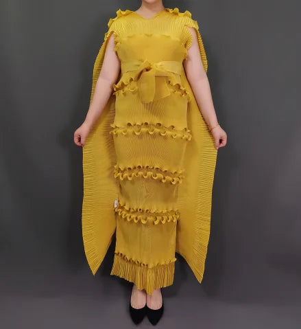 New Hot-Selling Plus-Size Dress Miyaki Formal Dress Party Socialite Cake Dress Long Dress with Belt Slimming Pleated Skirt