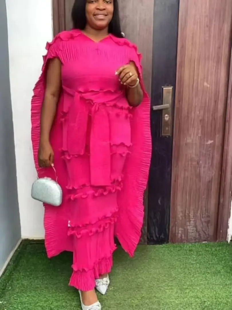 New Hot-Selling Plus-Size Dress Miyaki Formal Dress Party Socialite Cake Dress Long Dress with Belt Slimming Pleated Skirt