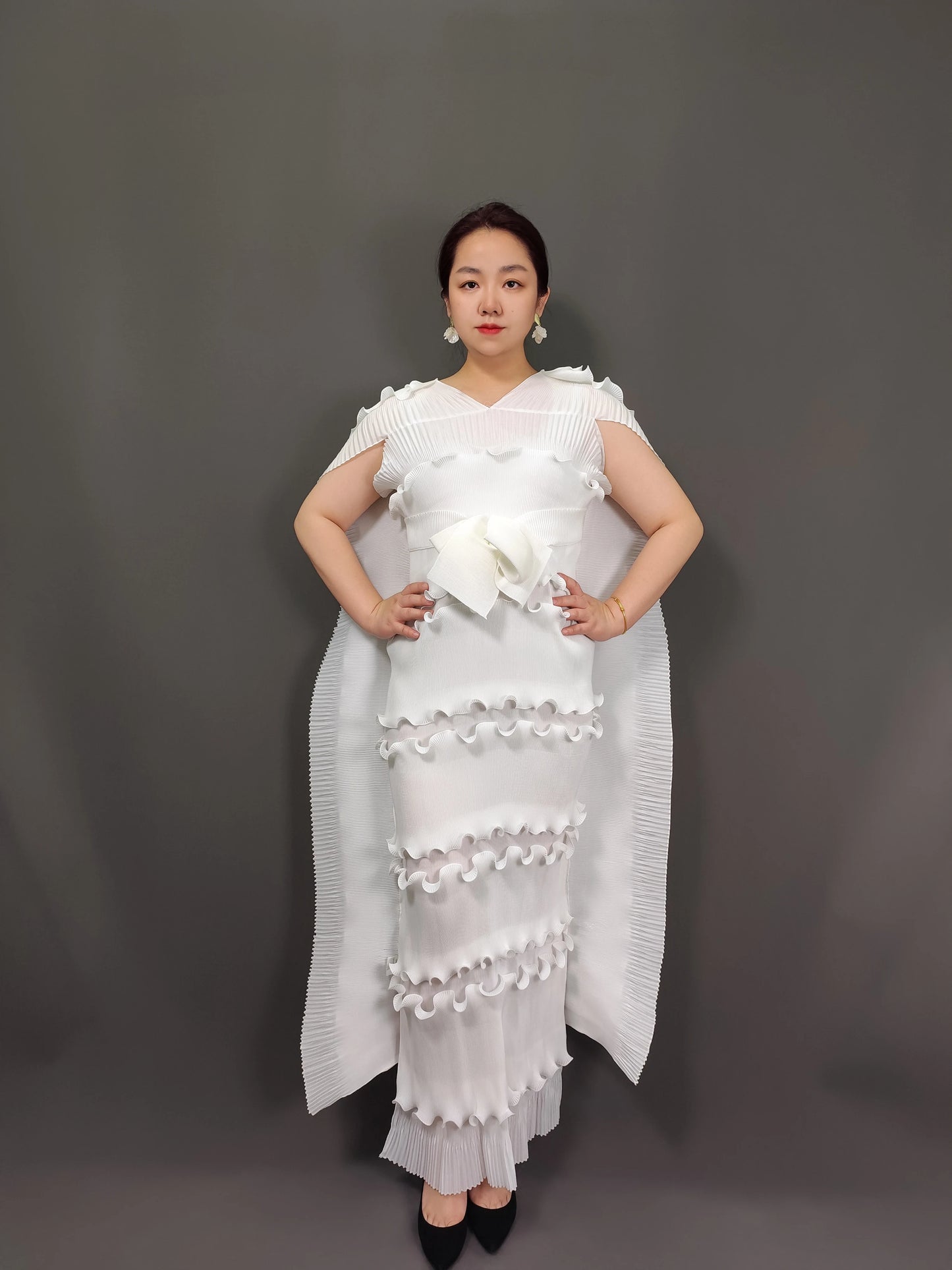New Hot-Selling Plus-Size Dress Miyaki Formal Dress Party Socialite Cake Dress Long Dress with Belt Slimming Pleated Skirt