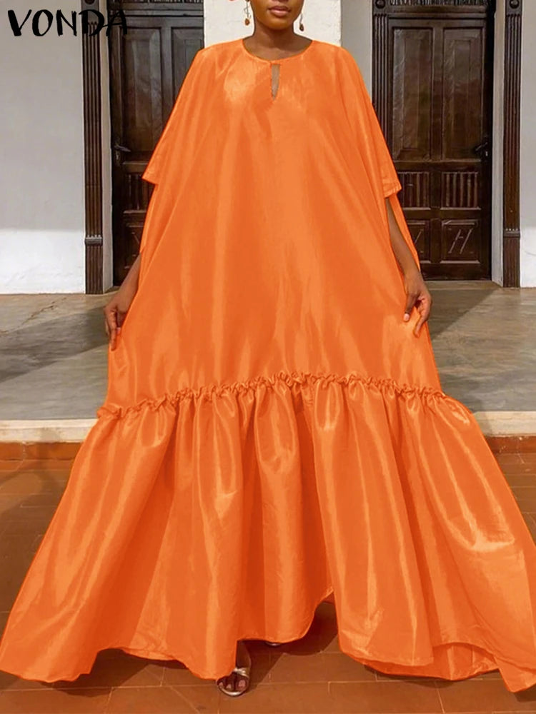 Plus Size VONDA Solid Dress Women Satin Long Maxi Sundress 2025 Summer Half Sleeve Elegant Casual Loose Hollow Party Vestidos