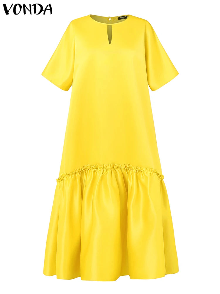 Plus Size VONDA Solid Dress Women Satin Long Maxi Sundress 2025 Summer Half Sleeve Elegant Casual Loose Hollow Party Vestidos