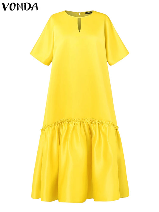 Plus Size VONDA Solid Dress Women Satin Long Maxi Sundress 2025 Summer Half Sleeve Elegant Casual Loose Hollow Party Vestidos