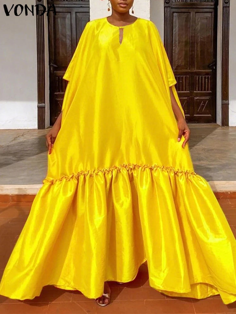 Plus Size VONDA Solid Dress Women Satin Long Maxi Sundress 2025 Summer Half Sleeve Elegant Casual Loose Hollow Party Vestidos