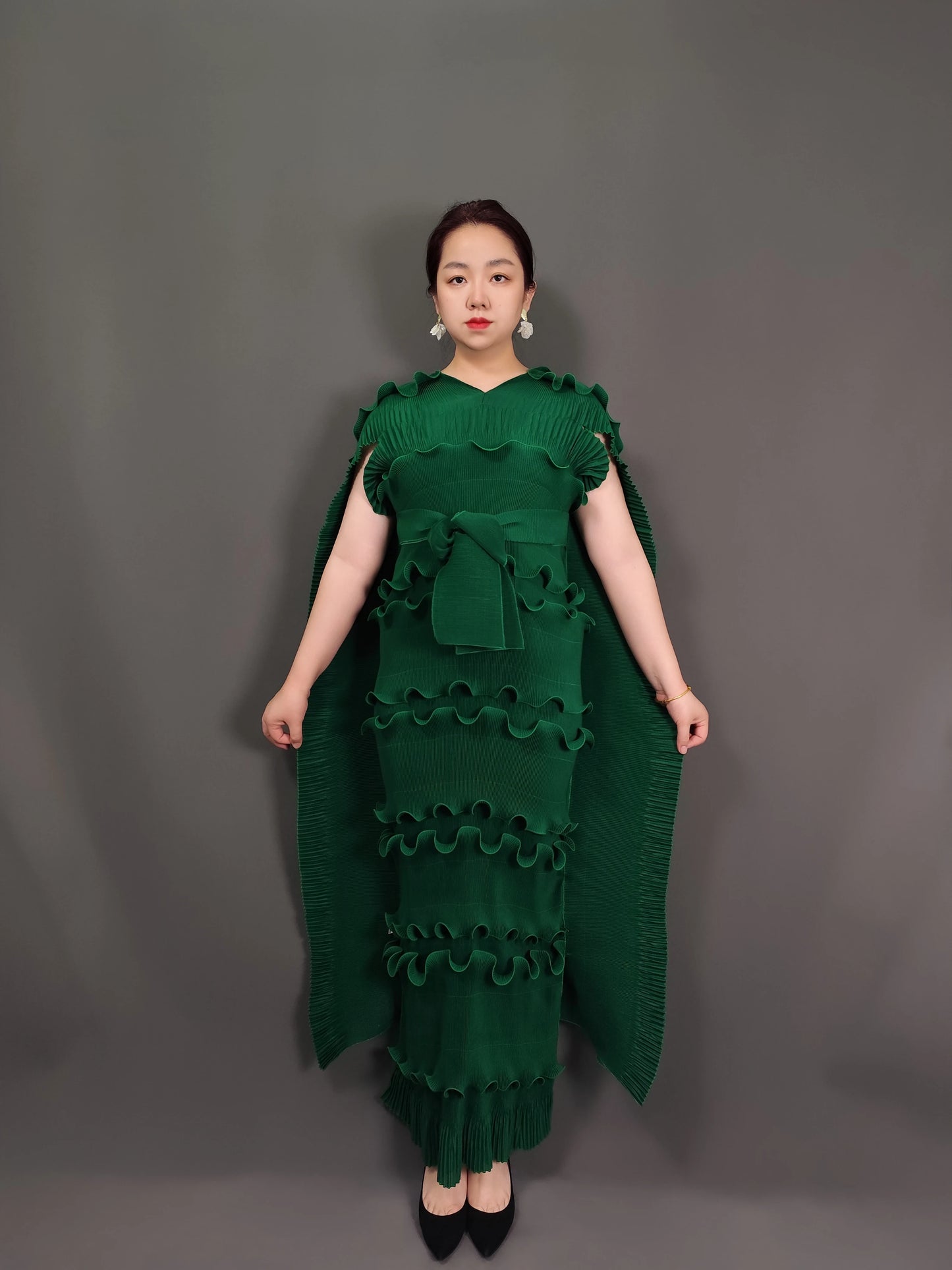 New Hot-Selling Plus-Size Dress Miyaki Formal Dress Party Socialite Cake Dress Long Dress with Belt Slimming Pleated Skirt