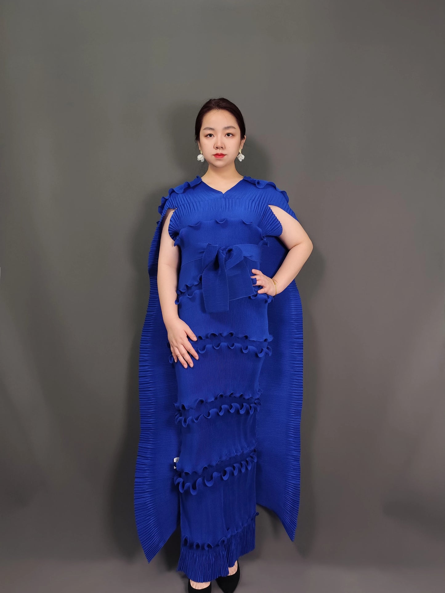 New Hot-Selling Plus-Size Dress Miyaki Formal Dress Party Socialite Cake Dress Long Dress with Belt Slimming Pleated Skirt