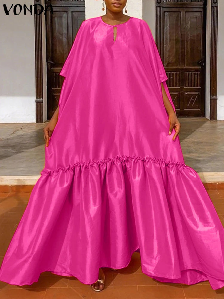 Plus Size VONDA Solid Dress Women Satin Long Maxi Sundress 2025 Summer Half Sleeve Elegant Casual Loose Hollow Party Vestidos