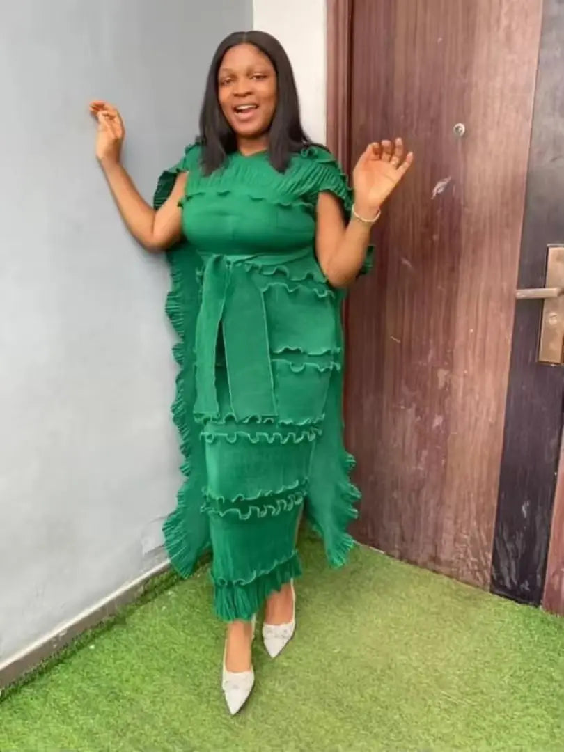 New Hot-Selling Plus-Size Dress Miyaki Formal Dress Party Socialite Cake Dress Long Dress with Belt Slimming Pleated Skirt