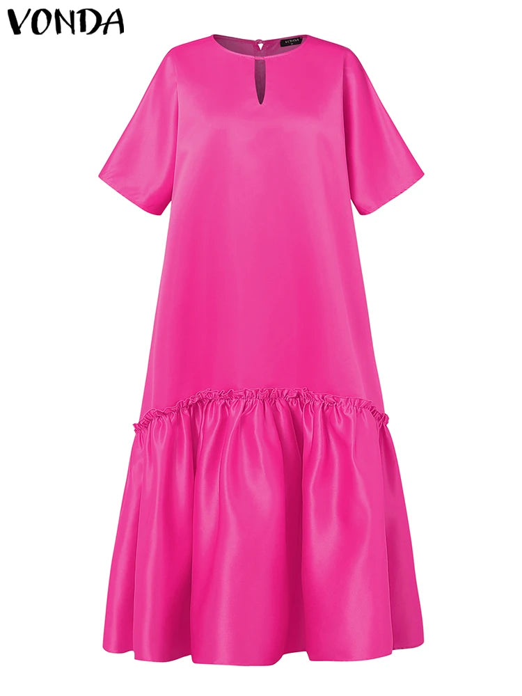 Plus Size VONDA Solid Dress Women Satin Long Maxi Sundress 2025 Summer Half Sleeve Elegant Casual Loose Hollow Party Vestidos