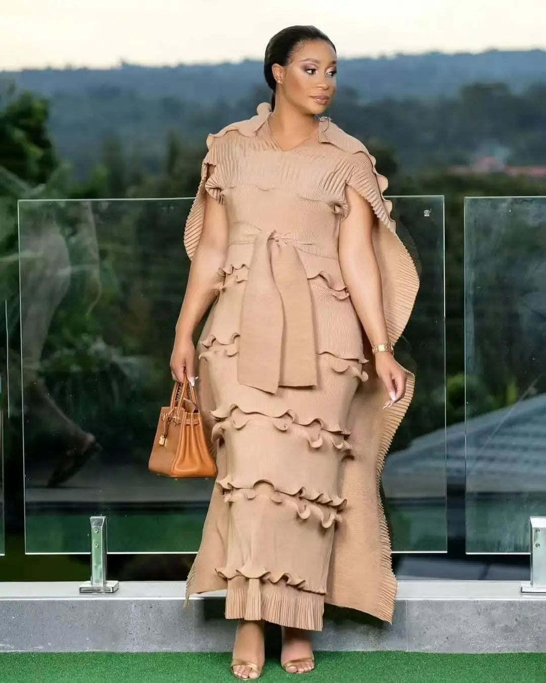 New Hot-Selling Plus-Size Dress Miyaki Formal Dress Party Socialite Cake Dress Long Dress with Belt Slimming Pleated Skirt