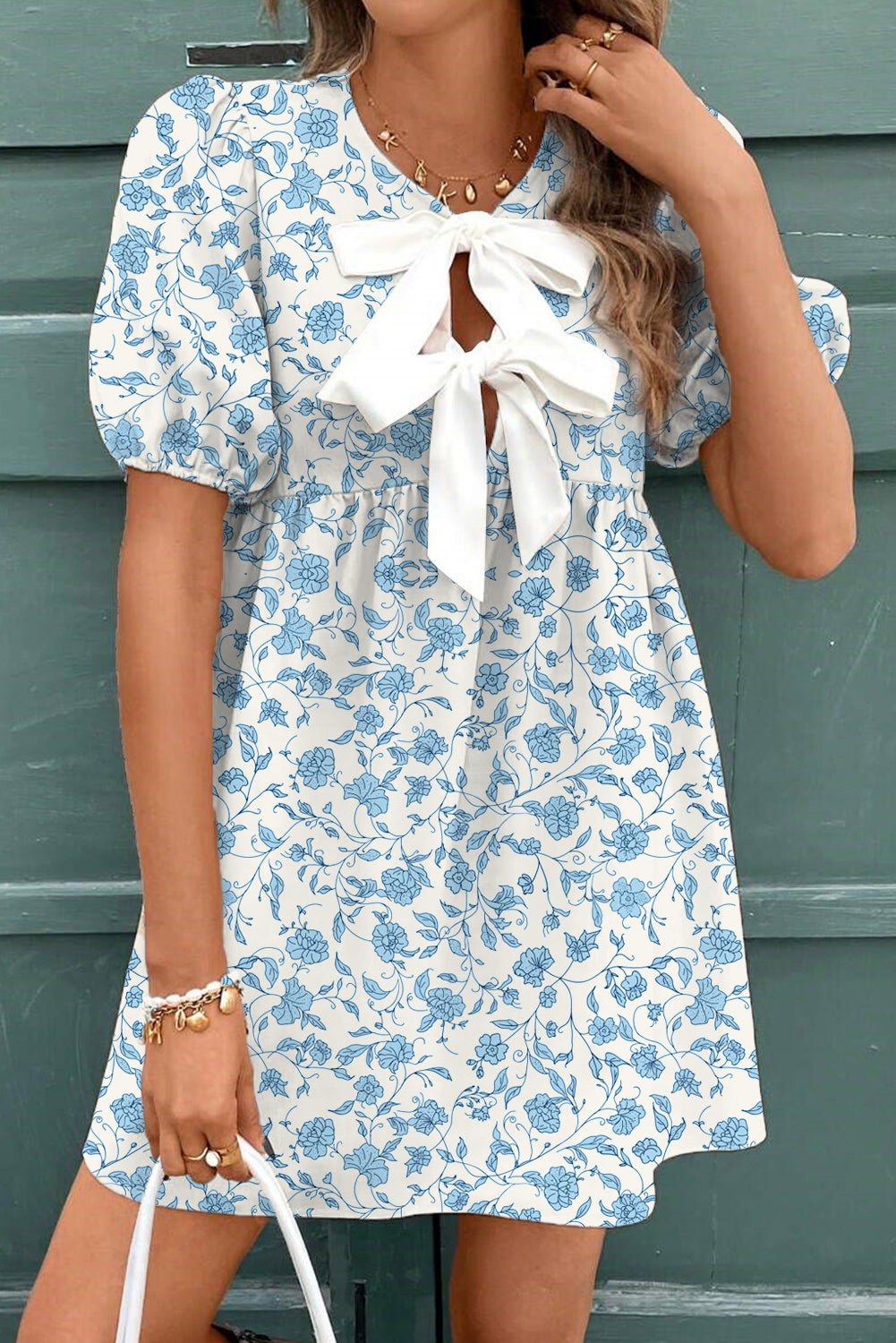 Sky Blue Floral Bow Front Puff Sleeve Mini Dress