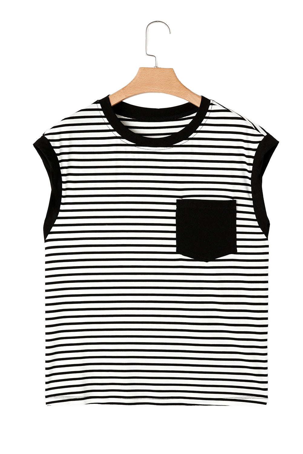 Black Stripe Chest Pocket Patch Round Neck Sleeveless Tee