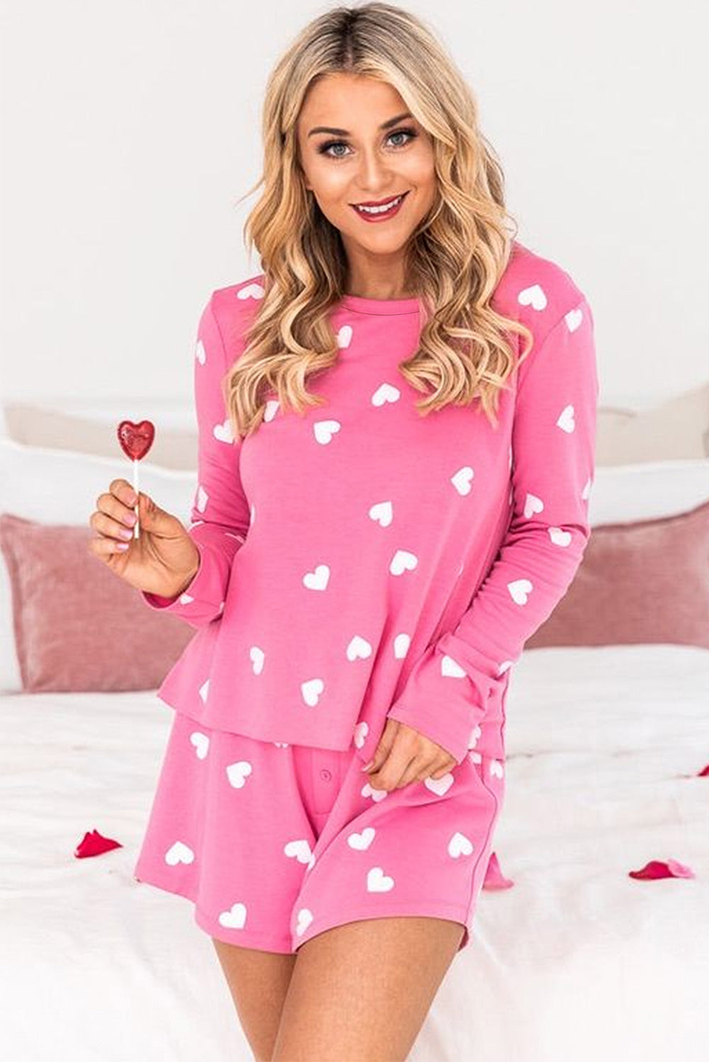 Pink Valentine Heart Print Long Sleeve Top and Shorts Pajama Set